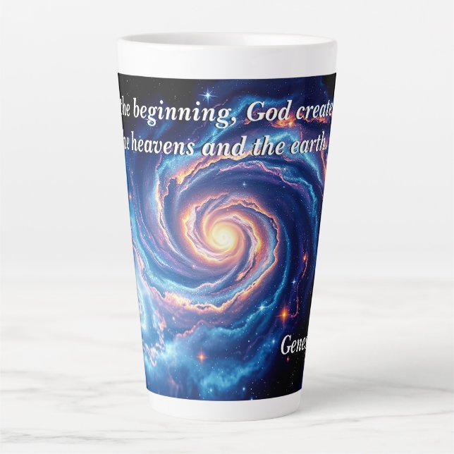 Caneca De Café Latte No começo, Deus e Criação Verso (Frente)