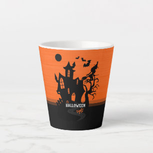 Caneca De Café Latte Noite de Halloween Bruxa e Morcegos Caçando Casa