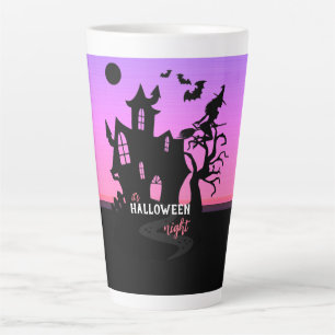 Caneca De Café Latte Noite de Halloween Pôr do Sol Bruxa e Morcegos Caç