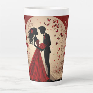 Caneca De Café Latte Noiva e Noivo em Silhueta Vermelha Romântica
