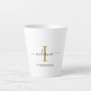 Caneca De Café Latte Nome com Letra Inicial Estiloso Dourado Cinza Mini