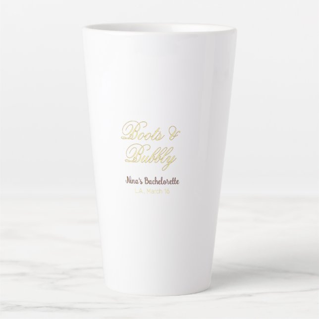 Caneca De Café Latte Nome da festa de despedida de solteira Boots & Bub (Frente)
