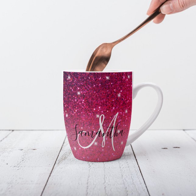 Caneca De Café Latte Nome das Sparkles Vermelhos e Rosa Modernos (Criador carregado)