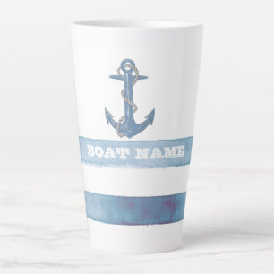 Caneca De Café Latte Nome de Barco Náutico,Âncora,Corda,Listras Azuis C