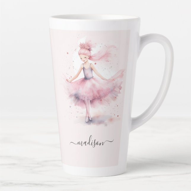 Caneca De Café Latte Nome de script de bailarina de Natal rosa-branca (Direita)