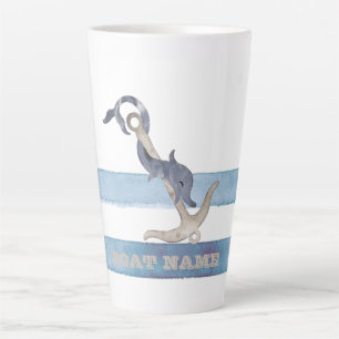 Caneca De Café Latte Nome do Barco, Âncora Golfinhos Listras Azul Claro