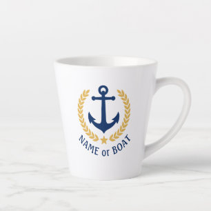 Caneca De Café Latte Nome do barco Ancoragem Náutica Dourada Laurel