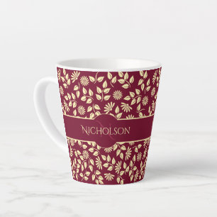 Caneca De Café Latte Nome do Monograma Elegante Leaf Daisy Pattern Burg