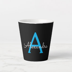 Caneca De Café Latte Nome do Monograma Girly de Script Preto Azul