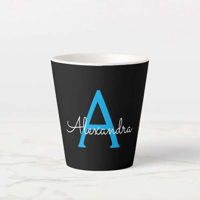 Caneca De Café Latte Nome do Monograma Girly de Script Preto Azul (Frente)