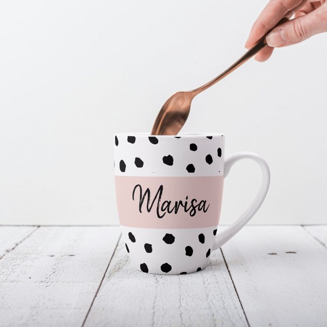 Caneca De Café Latte Nome do Monograma Moderno | Pastel Pink & Black Po (Criador carregado)