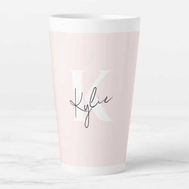Caneca De Café Latte Nome do Monograma Personalizado do Rosa de Blush M (Frente)