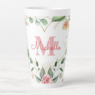 Caneca De Café Latte Nome do Monograma Rosa Rosa Rosa Cor Branca Floral