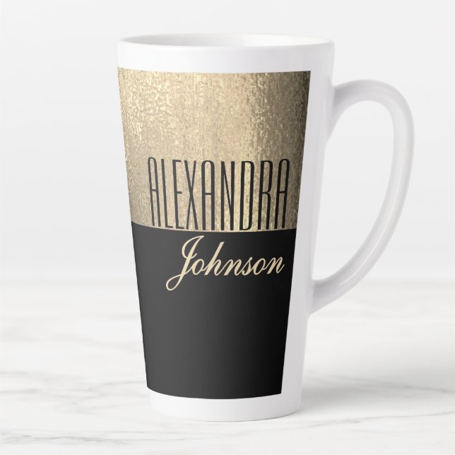 Caneca De Café Latte Nome Elegante Ouro Negro (Direita)