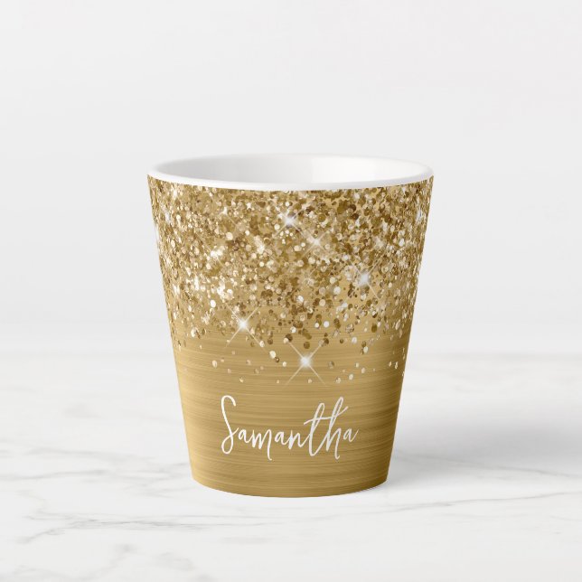 Caneca De Café Latte Nome Extra Sparkly Gold Glam Script (Frente)