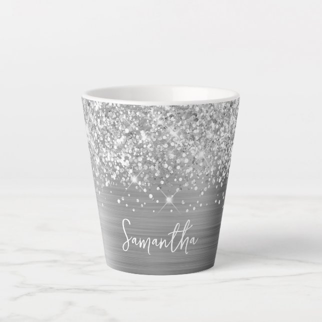 Caneca De Café Latte Nome Extra Sparkly Silver Glam Script (Frente)