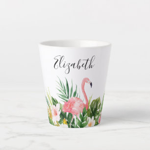 Caneca De Café Latte Nome Flamingo Floral Rosa Tropical Watercolor