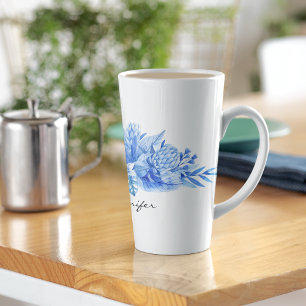 Caneca De Café Latte Nome, Flores e Folhas Tropicais Azul Cobalto