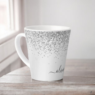 Caneca De Café Latte Nome Monograma de Brilho de Glitter Prateado