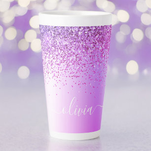 Caneca De Café Latte Nome Monograma de Metal Brilho Roxo