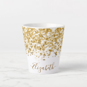 Caneca De Café Latte Nome Monograma Elegante com Brilho Dourado