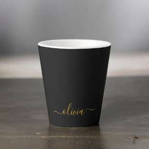 Caneca De Café Latte Nome Monograma Feminino Moderno Preto Dourado