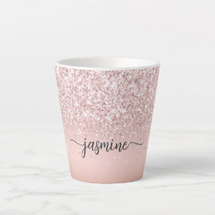 Caneca De Café Latte Nome Monograma Glitter Rosa Dourado Elegante