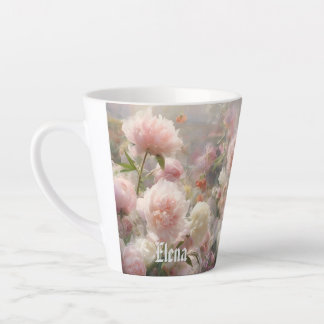 Caneca De Café Latte Nome Peônias Rosa e Branco Pintura em Aquarela