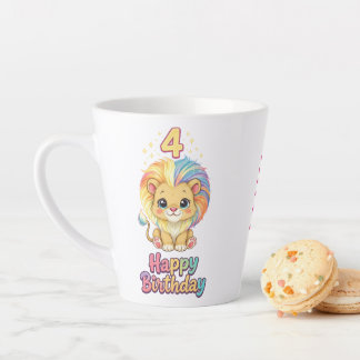 Caneca De Café Latte Nome Personalizado Aniversário de 4 anos Leão Fofo