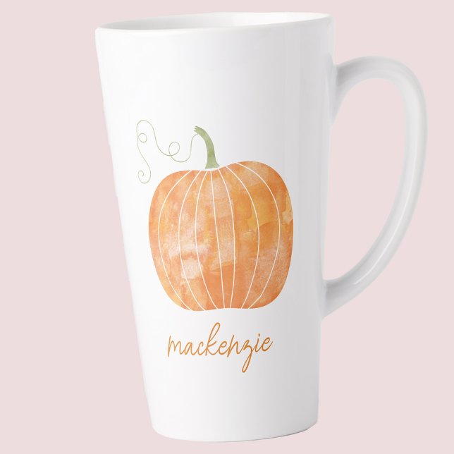 Caneca De Café Latte Nome Personalizado Cair do outono da Aba de Bomba  (Modern script font personalized custom name watercolor pumpkin autumn fall Thanksgiving latte mug )