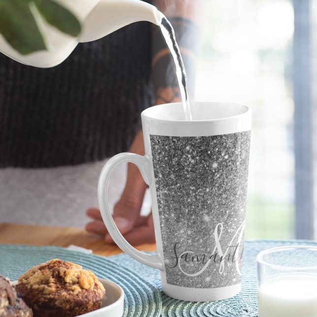 Caneca De Café Latte Nome Personalizado da Glitter da Cinza Moderna (Criador carregado)