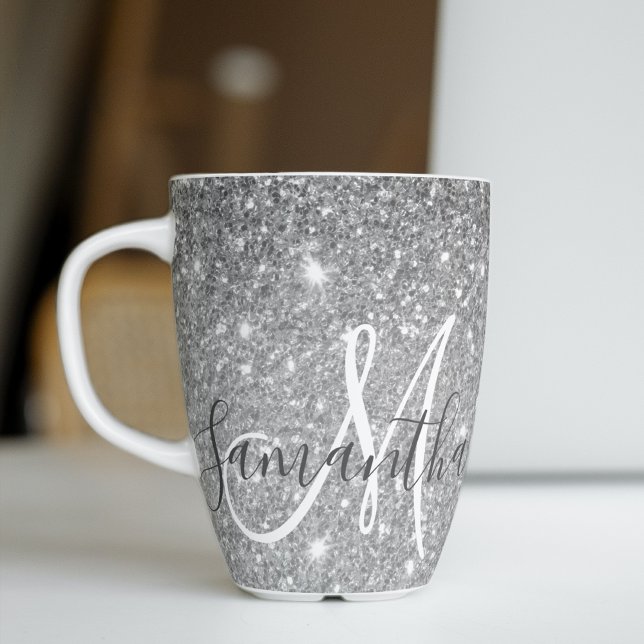 Caneca De Café Latte Nome Personalizado da Glitter da Cinza Moderna (Criador carregado)