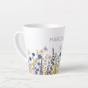 Caneca De Café Latte Nome personalizado das flores e borboletas colorid