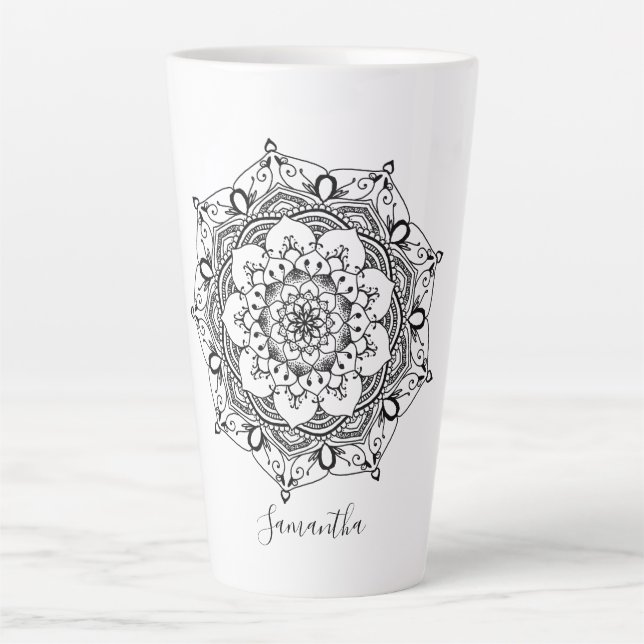 Caneca De Café Latte Nome Personalizado de Mandala (Frente)