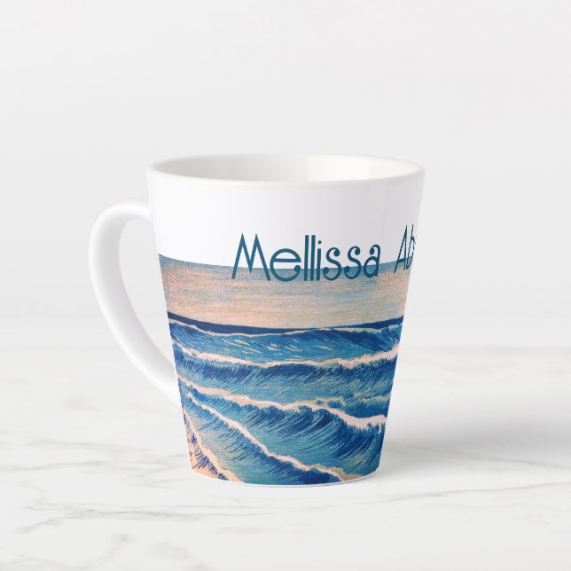 Caneca De Café Latte Nome personalizado de Ondas Azul (Ângulo esquerdo)