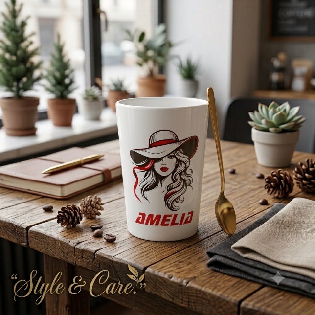 Caneca De Café Latte Nome Personalizado Design Silhueta Senhora Moda (Personalized Name Fashion Lady Silhouette Design Latte Mug)
