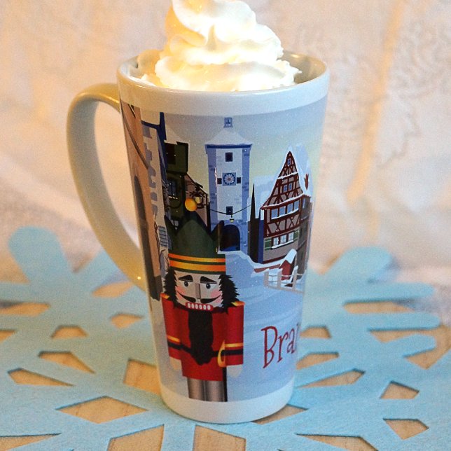 Caneca De Café Latte Nome Personalizado do Invólucro Natal Vermelho (Nostalgic Festive Christmas Red Nutcracker Hot Cocoa Chocolate Mug with Name, Light Blue, Red)