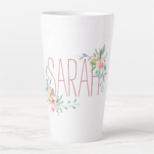 Caneca De Café Latte Nome Personalizado E Coral Floral E Verde