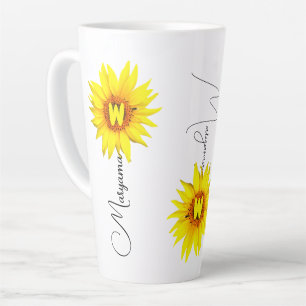 Caneca De Café Latte Nome Personalizado e Monograma com Girassol Elegan