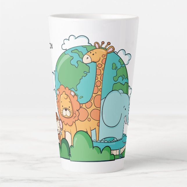 Caneca De Café Latte Nome Personalizado e Texto Terra com Animais (Frente)