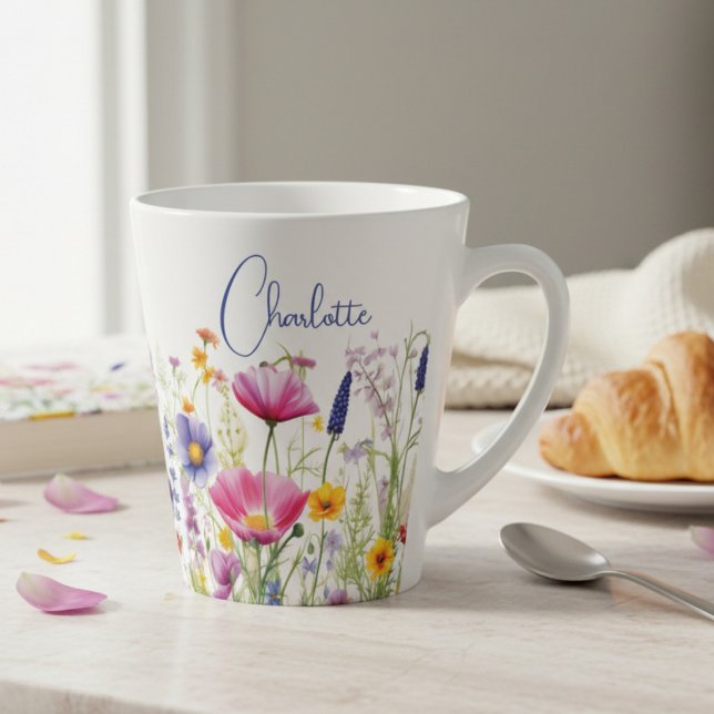 Caneca De Café Latte Nome Personalizado Floral de Flores Silvestres Col (Criador carregado)