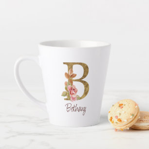 Caneca De Café Latte Nome Personalizado Folha de Ouro Blush Rosas Cor-d