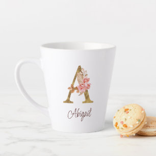 Caneca De Café Latte Nome Personalizado Folha de Ouro Blush Rosas Rosa