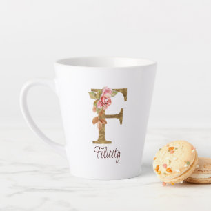 Caneca De Café Latte Nome Personalizado Letra F Folha Dourada Rosas Ros