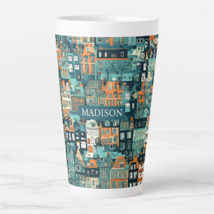 Caneca De Café Latte Nome Personalizado Padrão Casas Holandesas