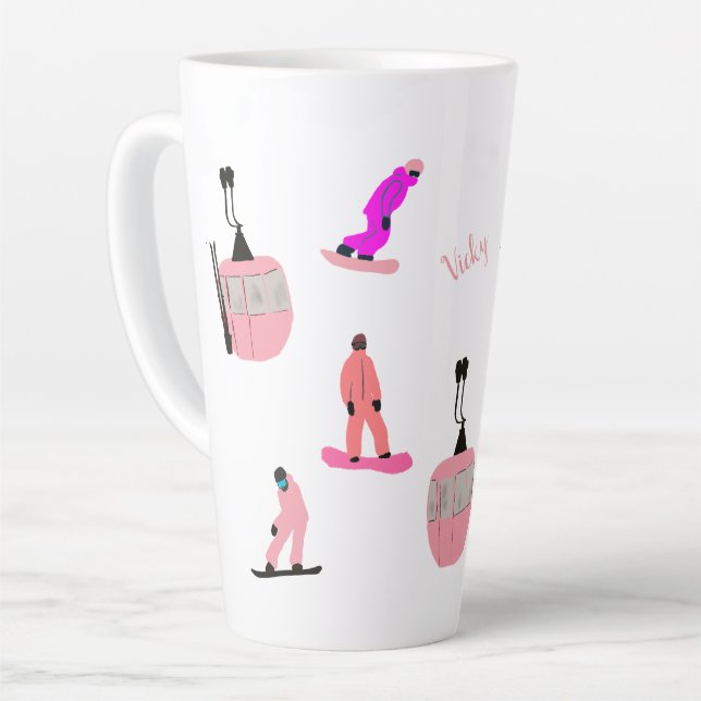Caneca De Café Latte Nome Personalizado Snowboard Rosa Snowboard (Ângulo esquerdo)