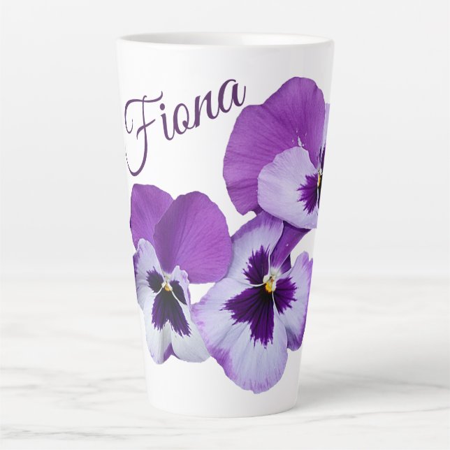 Caneca De Café Latte Nome personalizável Fiona pansor roxo flores diver (Frente)