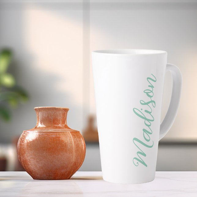 Caneca De Café Latte Nome Verde do Chic Seafoam Personalizado Script Ma (Criador carregado)