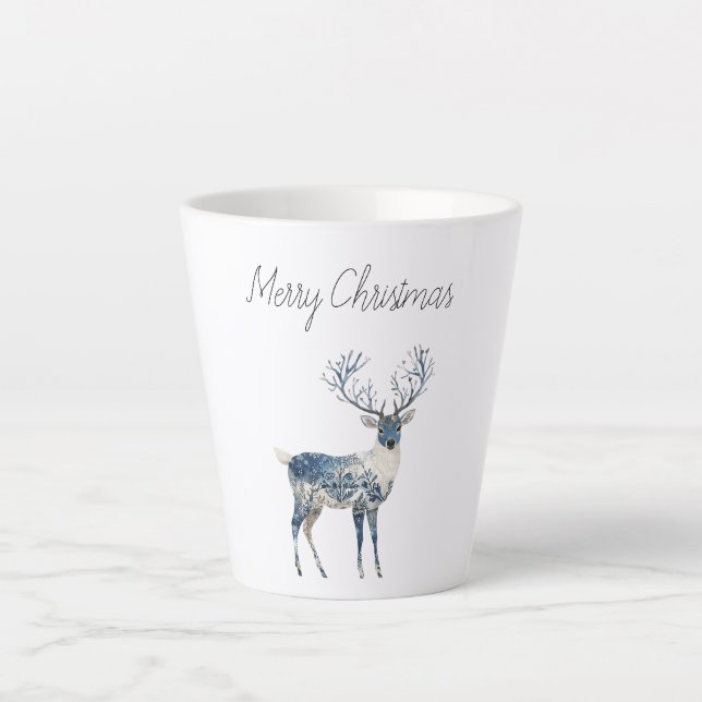 Caneca De Café Latte Nordic Blue White Deer Christmas (Frente)