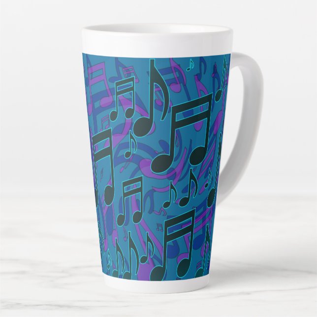 Caneca De Café Latte Notas Musicais Padrão Azul Roxo (Ângulo direito)